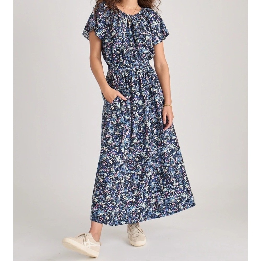 Marine Layer Floral Maxi‎ Dress Blue Smocked Waist Cutout Back XL NEW